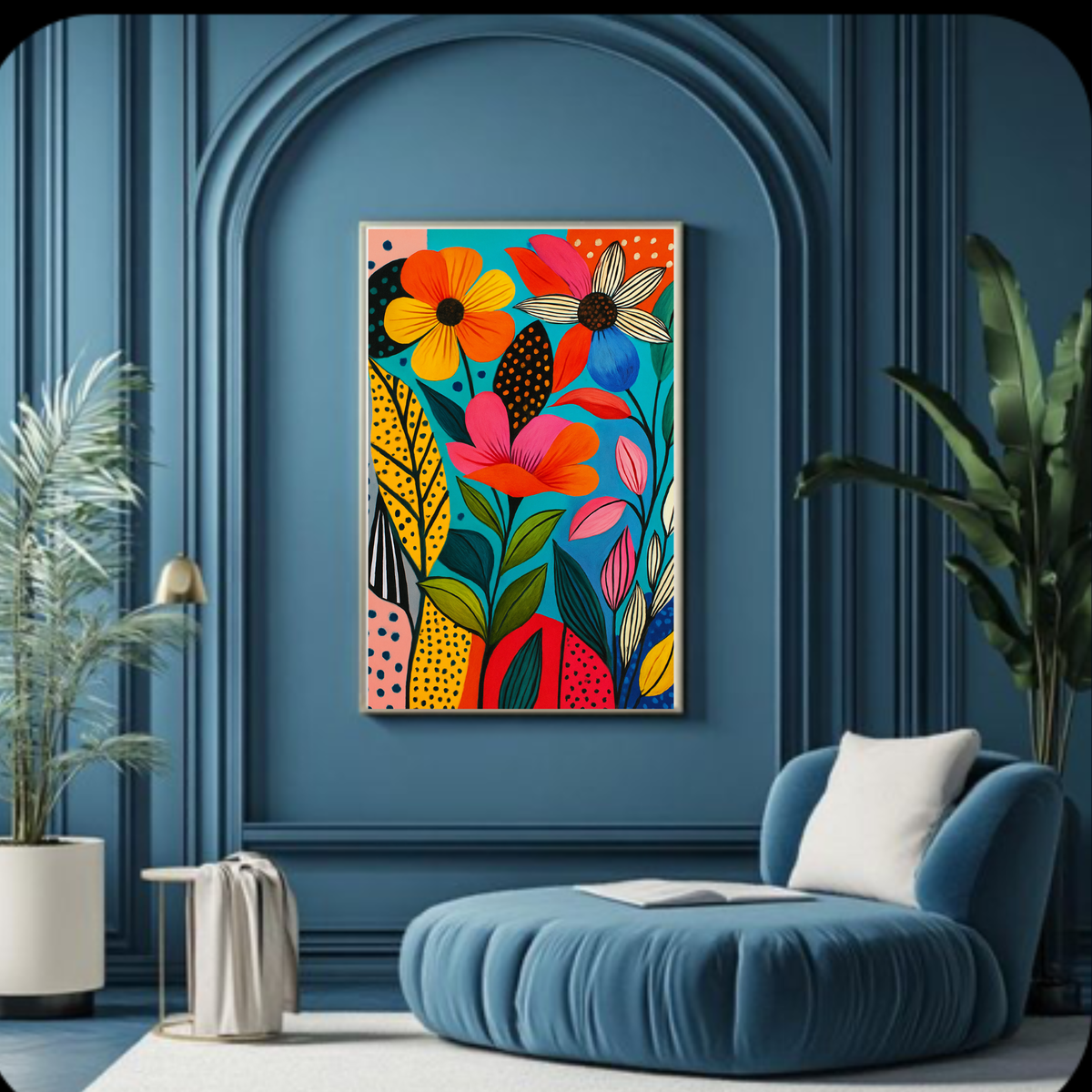 Bold Botanical Flower Wall Art – Colorful Floral Printable on Blue Background
