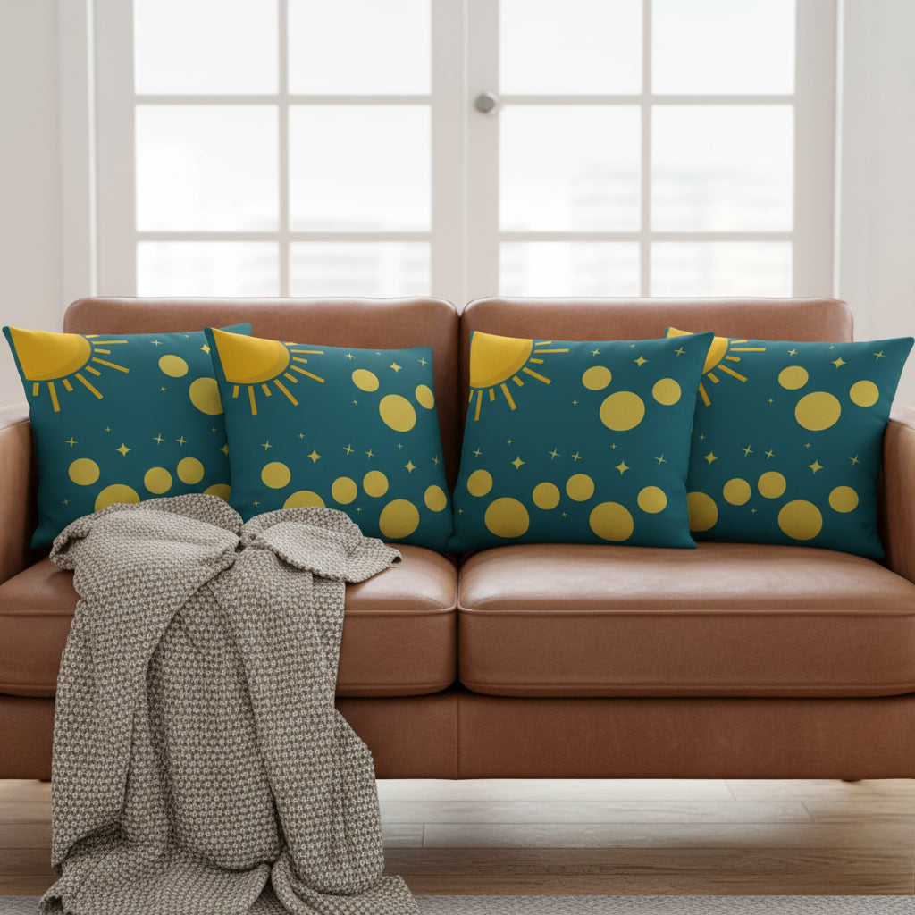 Green Throw Pillow with Sun, Circles & Diamonds – 18x18” | Playful Geometric Accent
