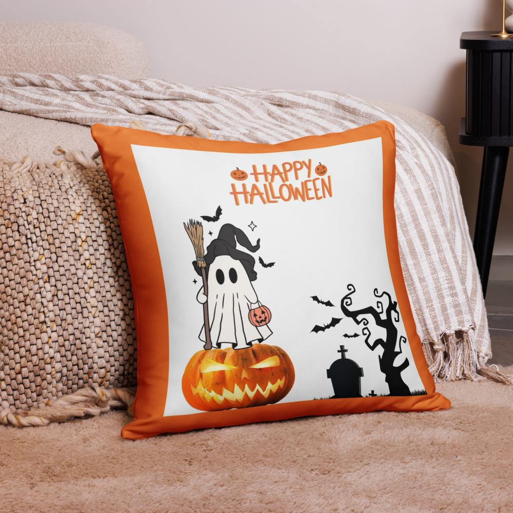 Happy Halloween White & Orange Throw Pillow – 22x22” Pumpkin & Spooky Accent Cushion