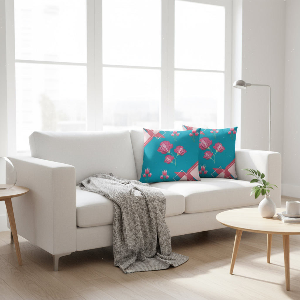 Blue Throw Pillow with Pink Flower & Triangle Accents – 18x18” | Bold Floral Geometric Design