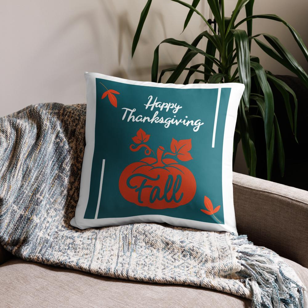 Happy Thanksgiving & Fall Throw Pillow – Teal, Orange & White | 22×22 Inches