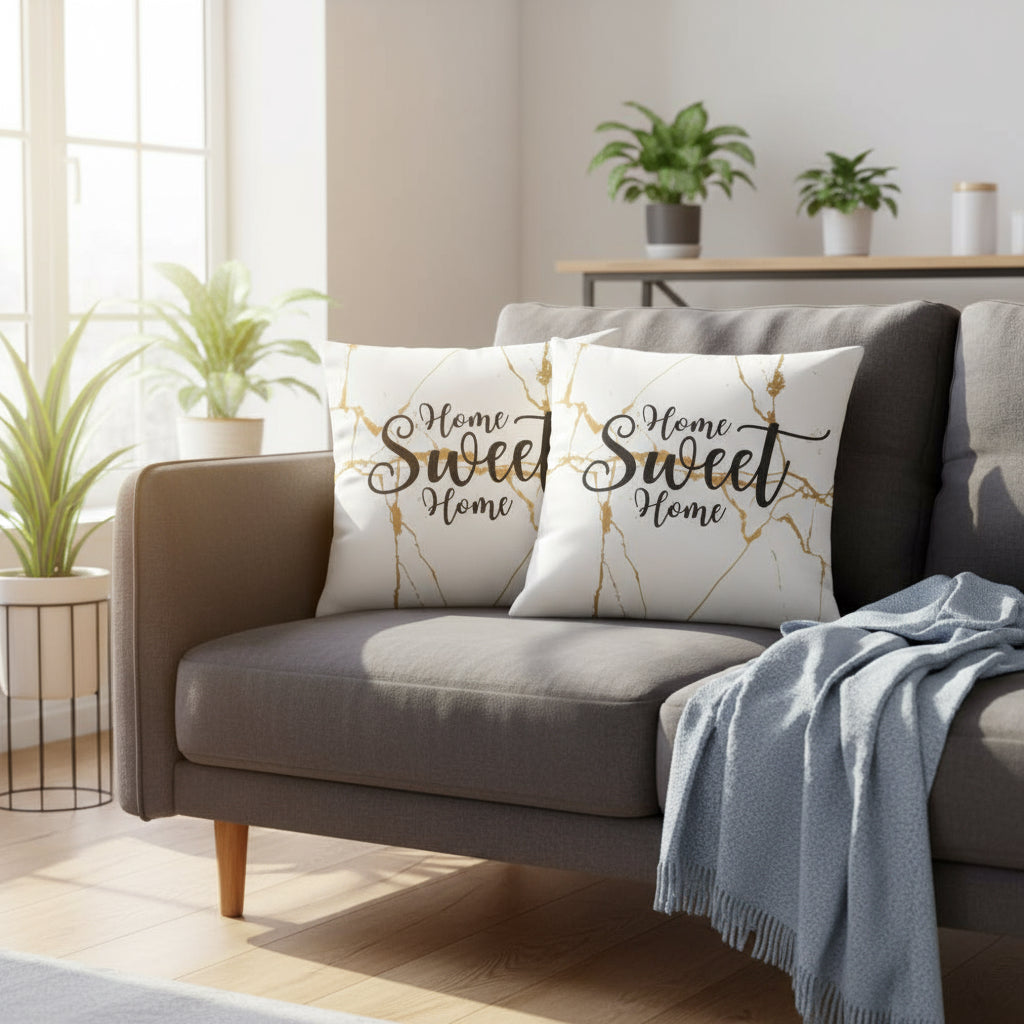White Throw Pillow with Gold Design – “Home Sweet Home” Decorative Cushion 22x22”