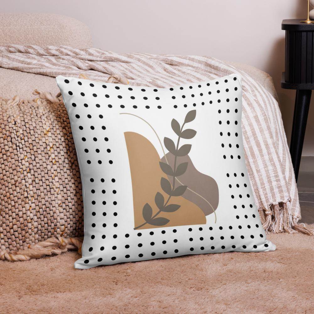 Boho Chic Throw Pillow – 22x22” | Brown Abstract Shapes & Leaf on White