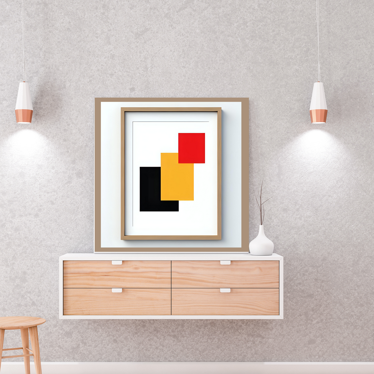 Geometric Abstract Wall Art Set – Red, Yellow, Black & Brown Borders (3 Digital Prints – 16x16, 20x20, 24x24 in)