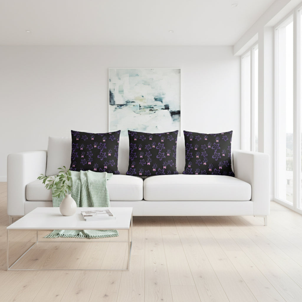 Black Throw Pillow with Purple Flowers & Butterflies – 18x18” | Elegant Night Garden Design