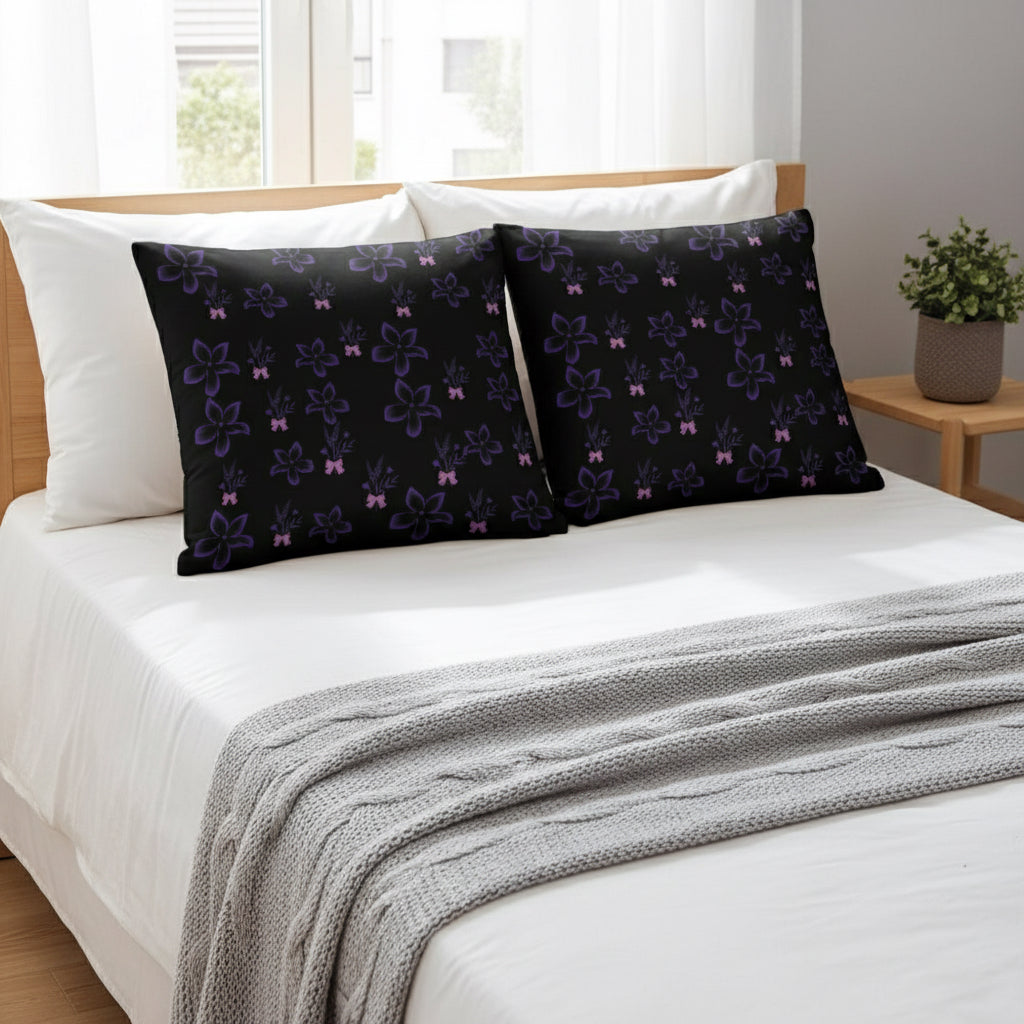 Black Throw Pillow with Purple Flowers & Butterflies – 18x18” | Elegant Night Garden Design