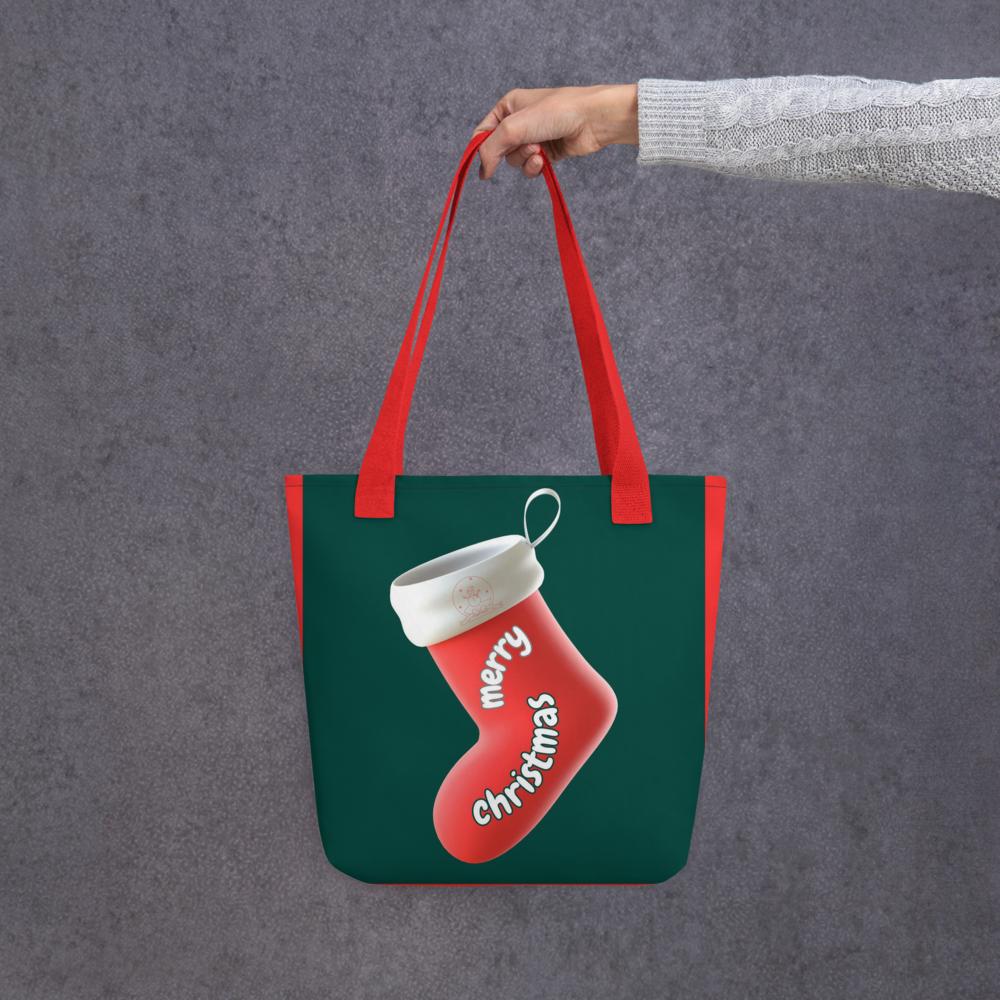 Christmas Tote Bag – Green & Red Festive Reusable Holiday Tote with Christmas Elements
