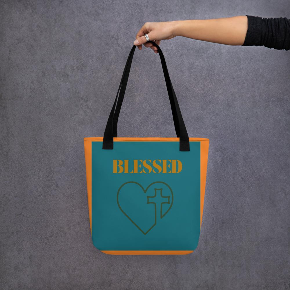 Green & Orange “Blazed with Love” Tote Bag with Cross – 15”x15” Thanksgiving & Everyday Carryall
