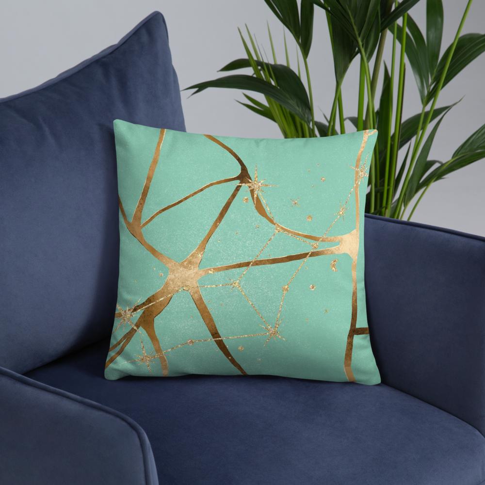 Green Throw Pillow with Gold Patterns – 18x18” | Elegant Luxe Accent Cushion