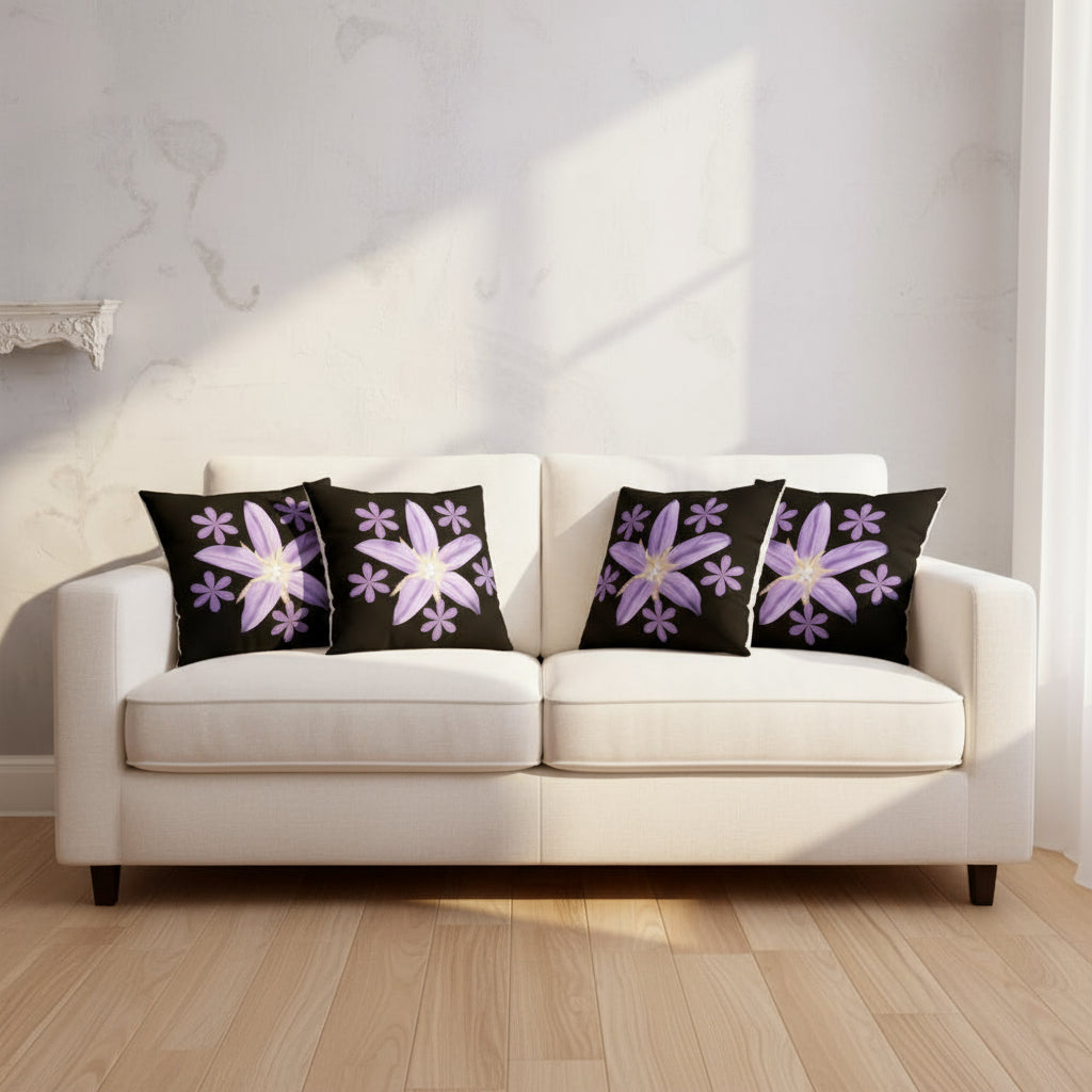 Black Throw Pillow with Purple Flower Cluster – 18x18” | Bold Floral Centerpiece Cushion