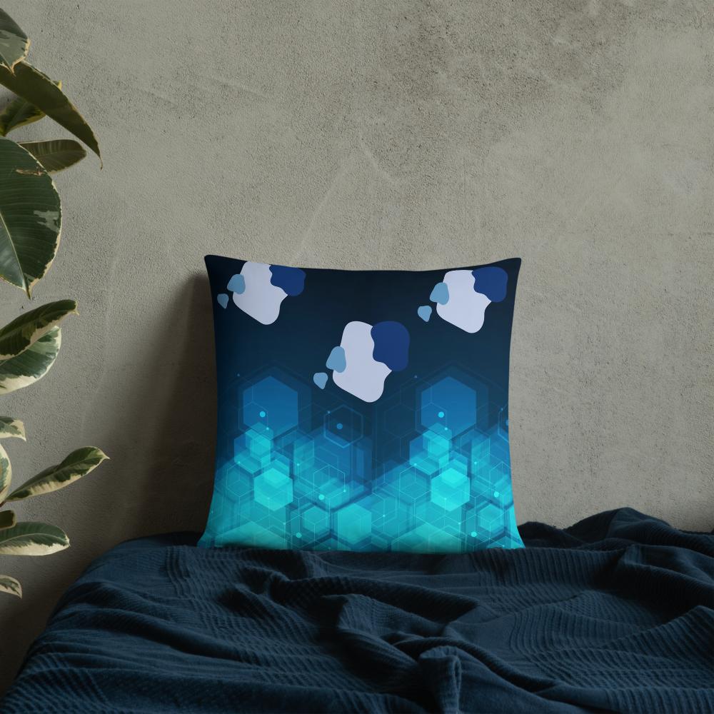 Dark Blue Throw Pillow with Geometric Shapes – 18x18” | Green, Blue & Gray Modern Design