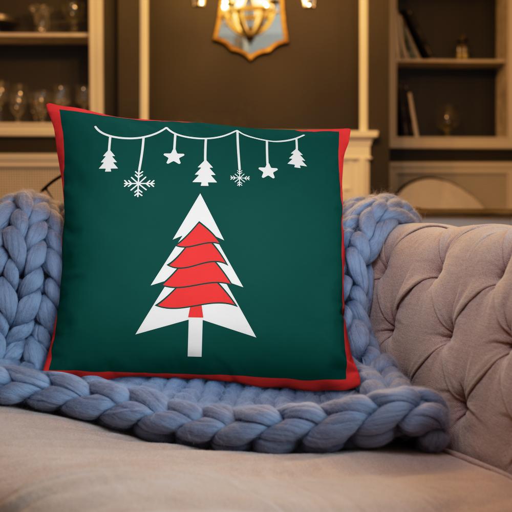 Festive Green & Red Christmas Tree Throw Pillow – 22x22” Holiday Cushion for Living Room & Bedroom Decorating