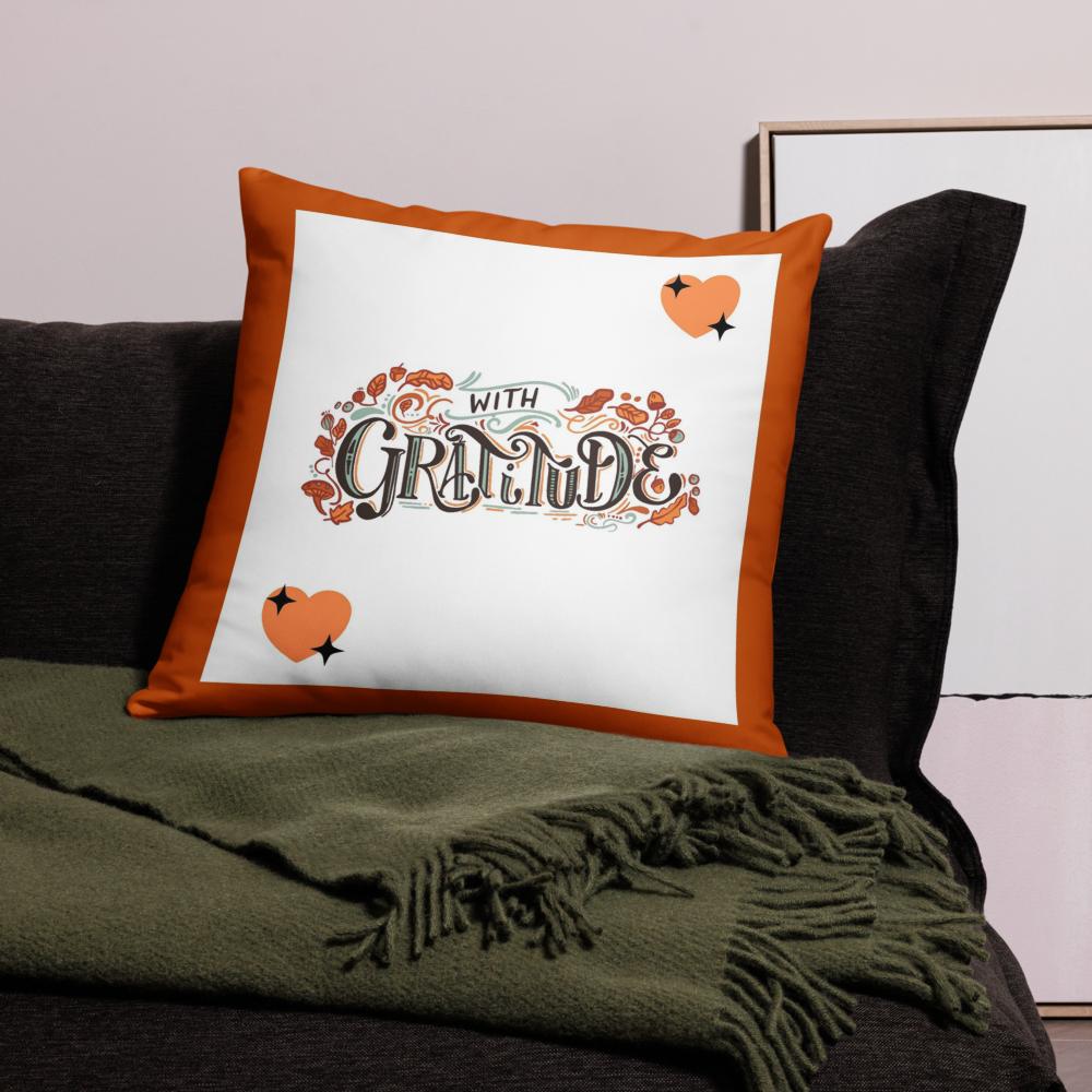 With Gratitude Throw Pillow – Thanksgiving Decorative Cushion (18x18, White with Orange Borders)