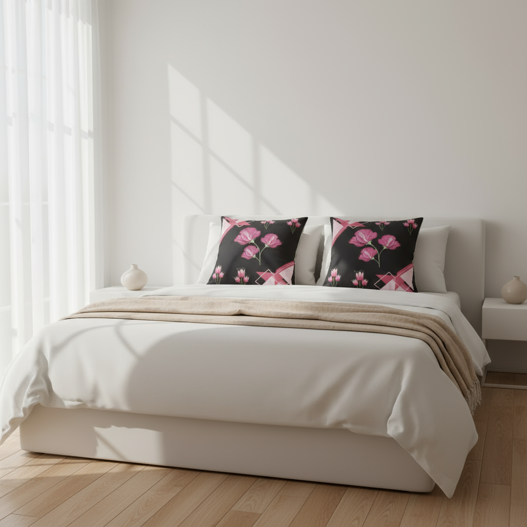 Black and Pink Floral Throw Pillow | Modern Decorative Cushion 18x18”