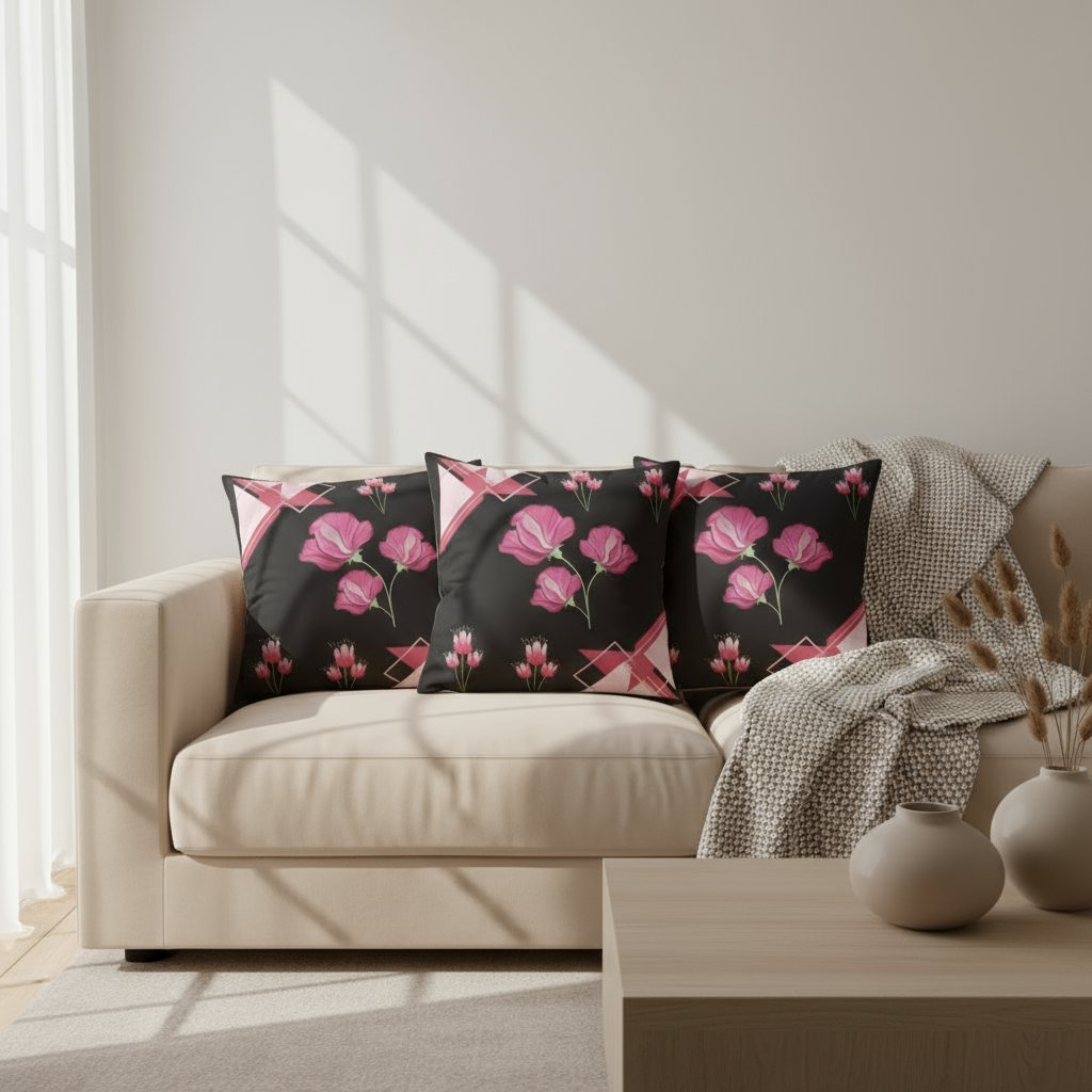 Black and Pink Floral Throw Pillow | Modern Decorative Cushion 18x18”