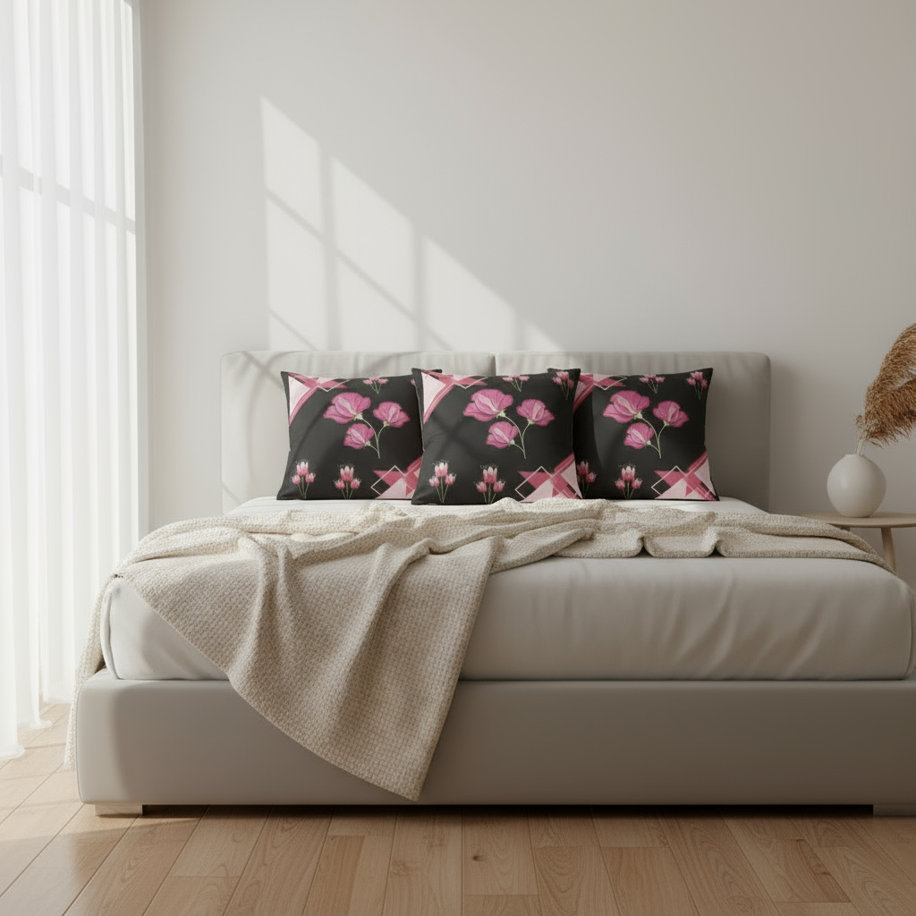 Black and Pink Floral Throw Pillow | Modern Decorative Cushion 18x18”