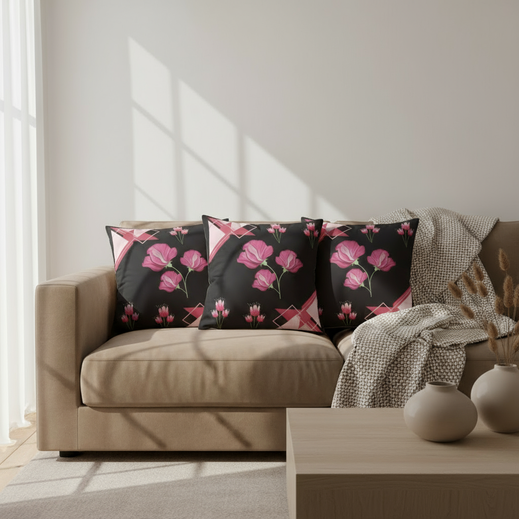 Black and Pink Floral Throw Pillow | Modern Decorative Cushion 18x18”