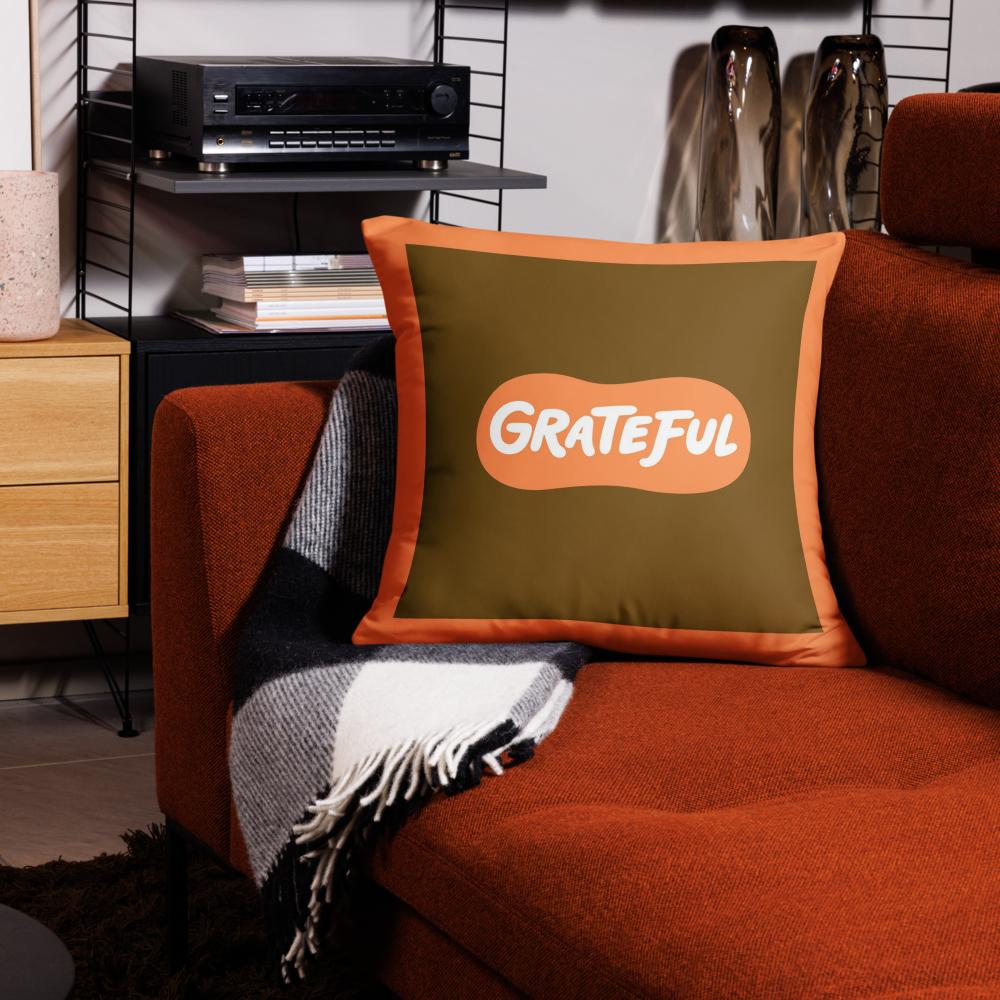 Grateful Thanksgiving Pillow – 18x18 Orange & Brown Throw Cushion