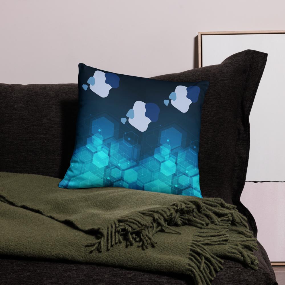 Dark Blue Throw Pillow with Geometric Shapes – 18x18” | Green, Blue & Gray Modern Design