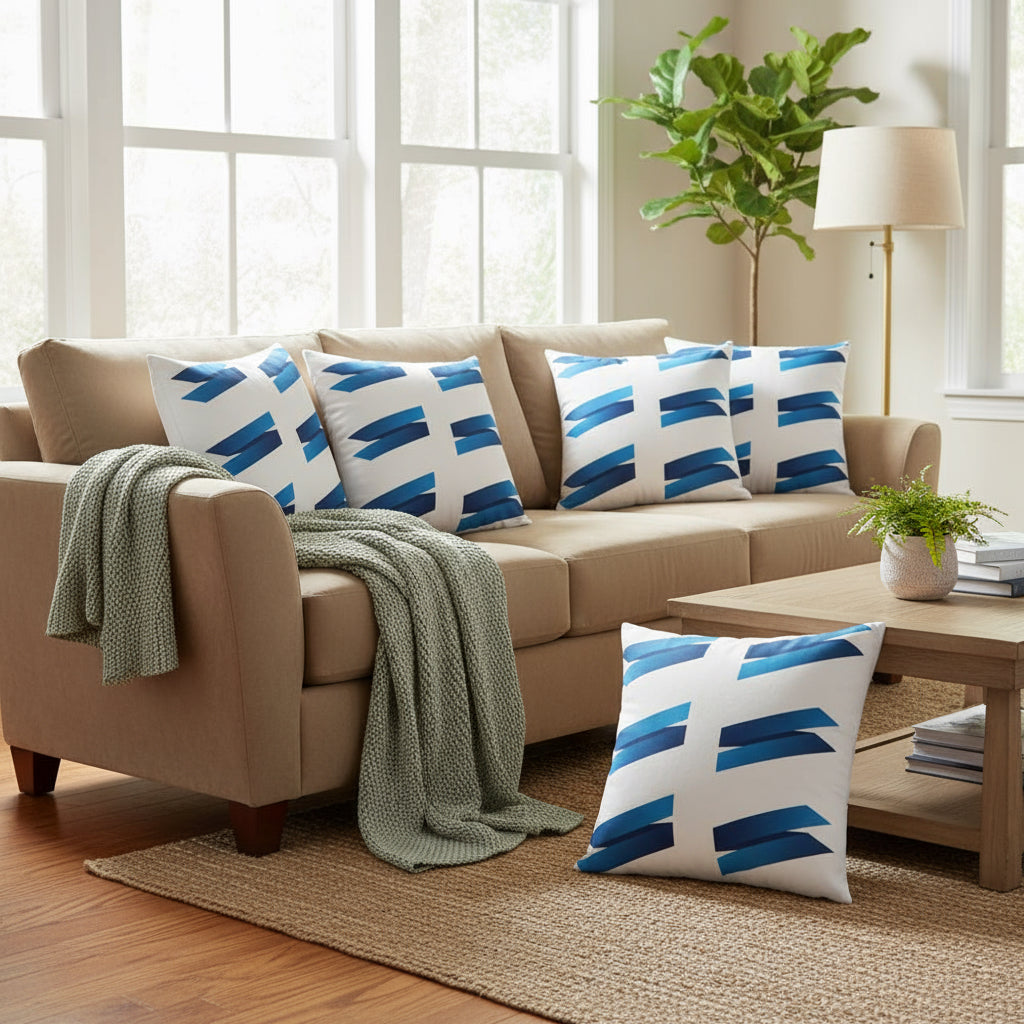 | White Throw Pillow with Blue Accents – Elegant 18x18 Decorative Cushion for Sofa or Bedroom”