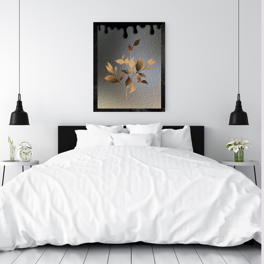 2-Piece Luxury Wall Art Bundle – Black Drips & Metallic Gold Floral Design on Glossy Grey Background (Digital Download, 3 Sizes Each)