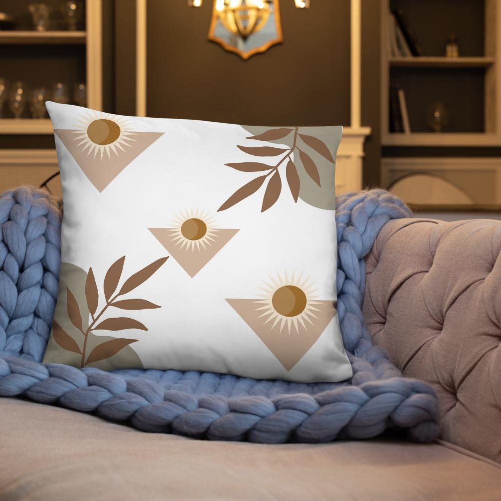 White Throw Pillow with Brown Boho Designs – Decorative Cushion 22x22”