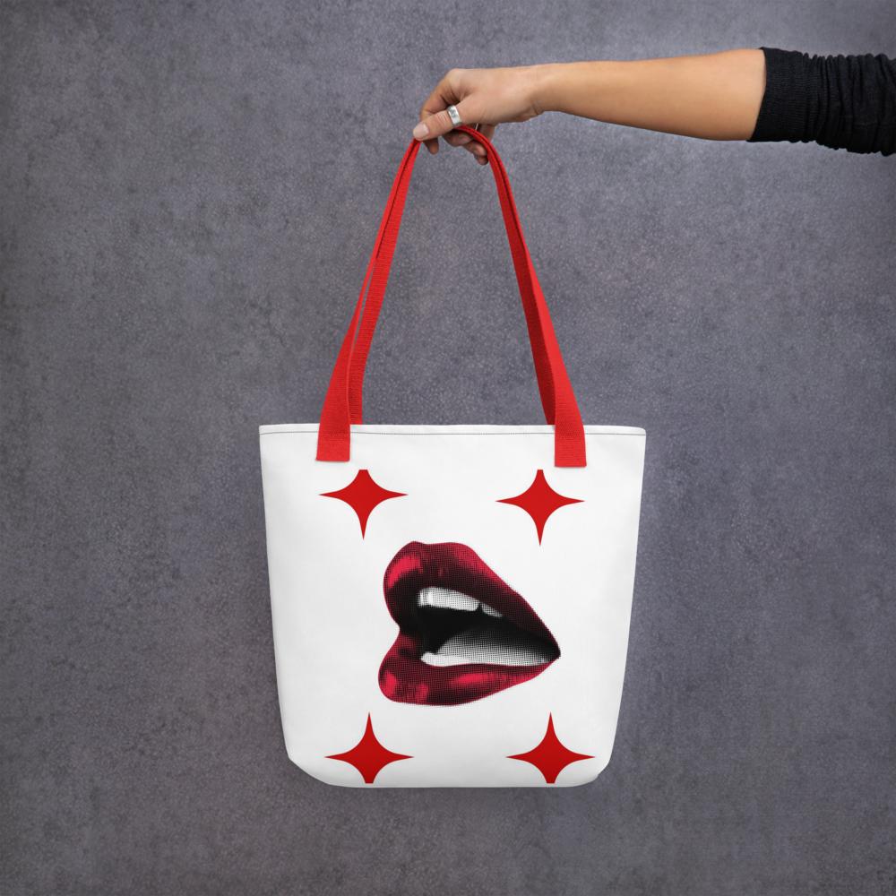 White Tote Bag with Bold Red Lips & Star Corners – 15”x15” Chic Pop-Art Style