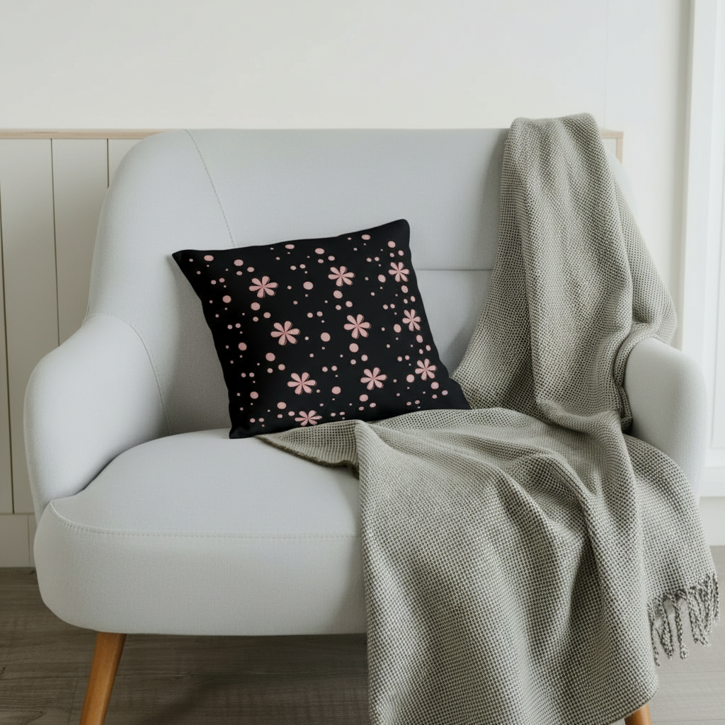 Pink Floral & Circle Throw Pillow – 18x18” Bold Black Background with Soft Bloom Accents