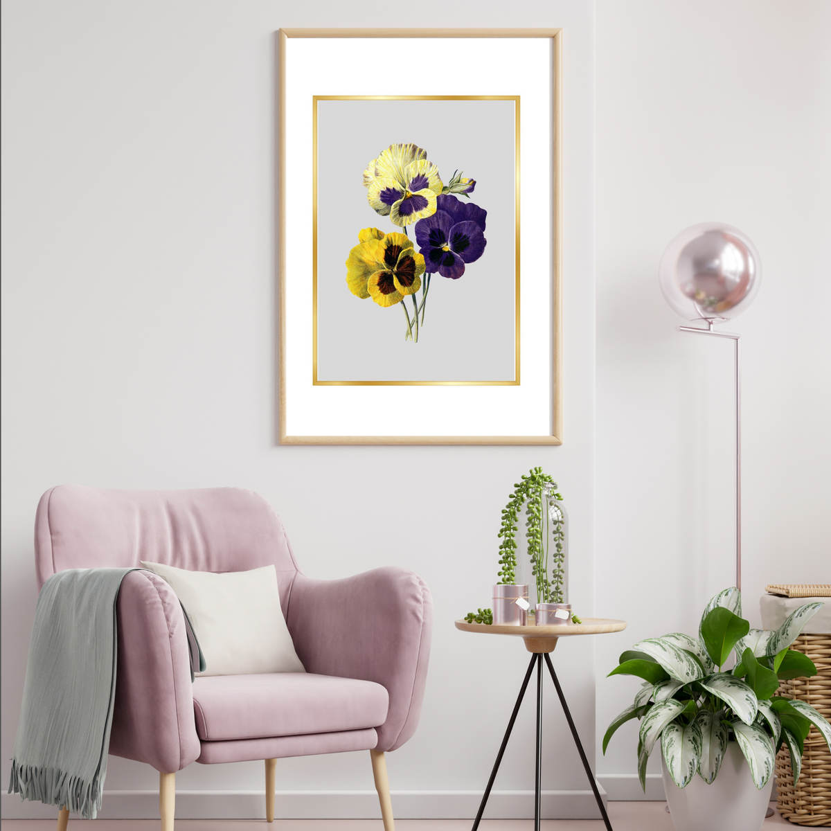 Gold Border Gray Center Yellow Flower – 2 Piece Digital Wall Art Set – Digital Download