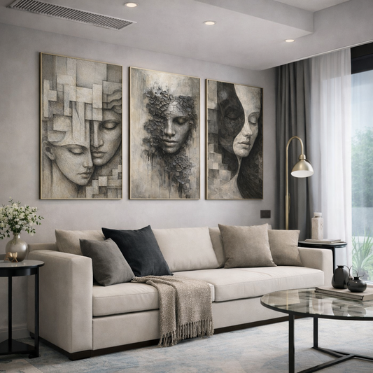 Abstract Face Wall Art Set of 3 – Neutral Modern Printable Wall Decor – Digital Download Minimalist Home Art