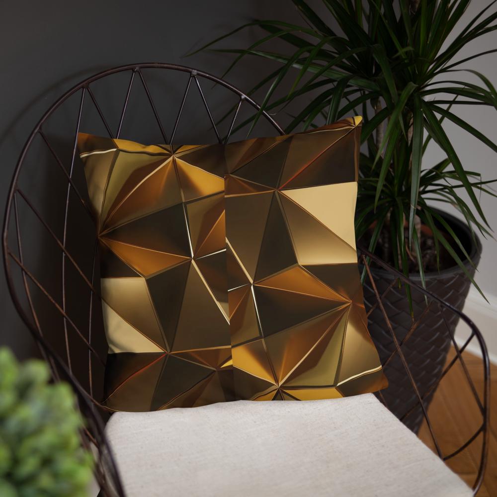 Metallic Geometric Throw Pillow – 18x18” | Gold & Bronze Triangular 3D Design