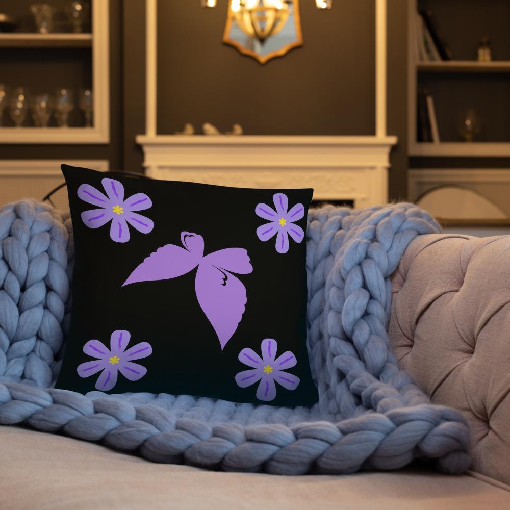 Black Throw Pillow with Purple Flowers & Central Bow – 18x18” | Elegant Floral Accent Cushion