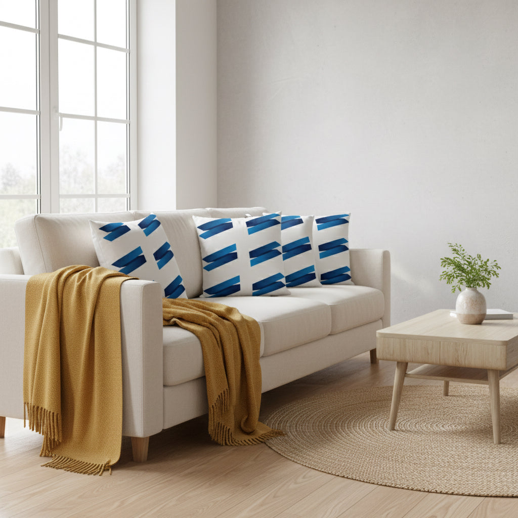 | White Throw Pillow with Blue Accents – Elegant 18x18 Decorative Cushion for Sofa or Bedroom”
