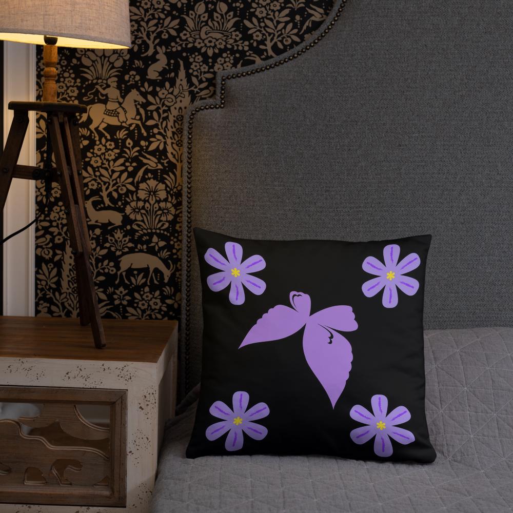Black Throw Pillow with Purple Flowers & Central Bow – 18x18” | Elegant Floral Accent Cushion