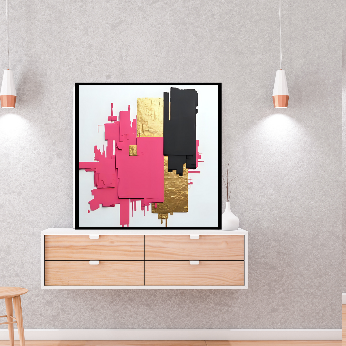 Modern Pink, Black & Gold Wall Art Set (2 Prints, Digital Download – 16x16, 20x20, 24x24 in)