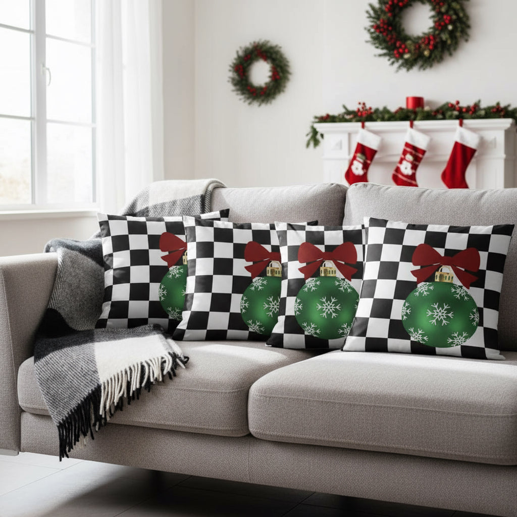 Black & White Checkered Christmas Throw Pillow | Farmhouse Holiday Decor Cushion | Festive Plaid Accent Pillow for Living Room or Bedroom (18x18 & 22x22)