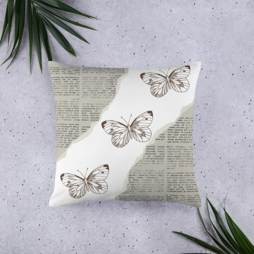 Vintage Newspaper Throw Pillow with Butterflies – Decorative Cushion 22x22”