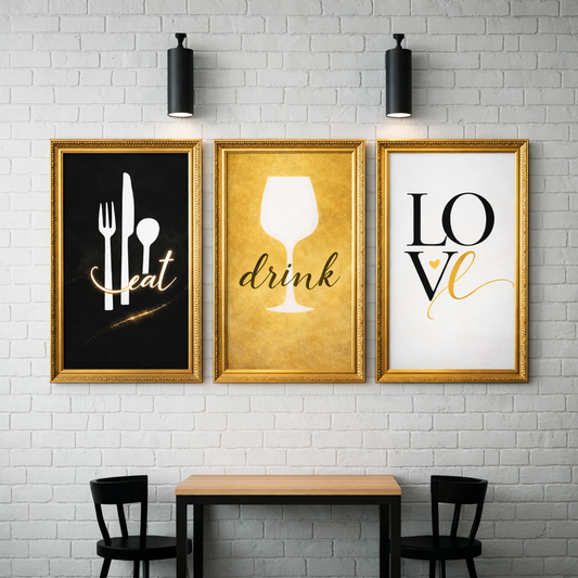 Eat Drink Love Wall Art Set – Modern Kitchen Printable Decor – Gold and Black Dining Room Digital Download (11x14, 16x20, 18x24, 24x36)
