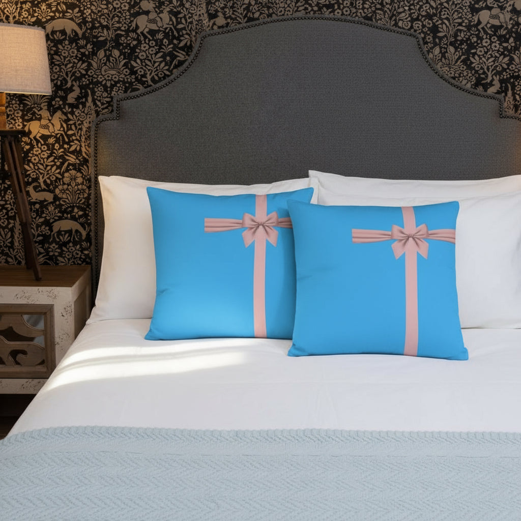 Blue Throw Pillow with Pink Line & Bow – 18x18” & 22x22”