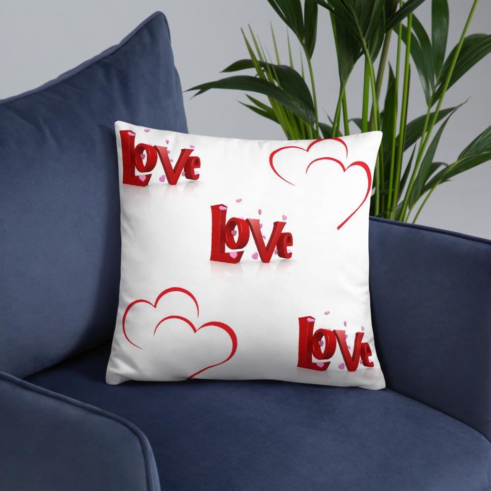 Red & White “Love” Heart Pillow – Romantic Typography Decor – 18x18 Inch