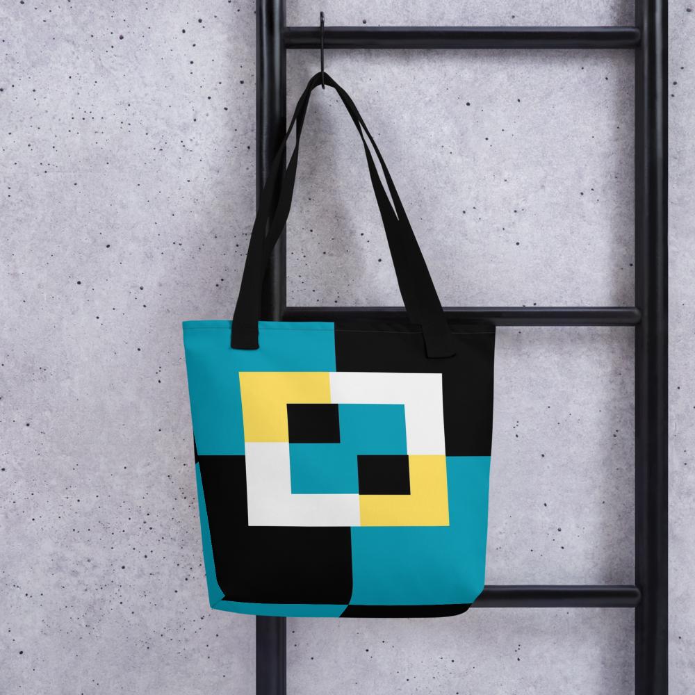 Black, Blue, White & Yellow Abstract Shapes Tote Bag – 15”x15” Modern Art Carryall