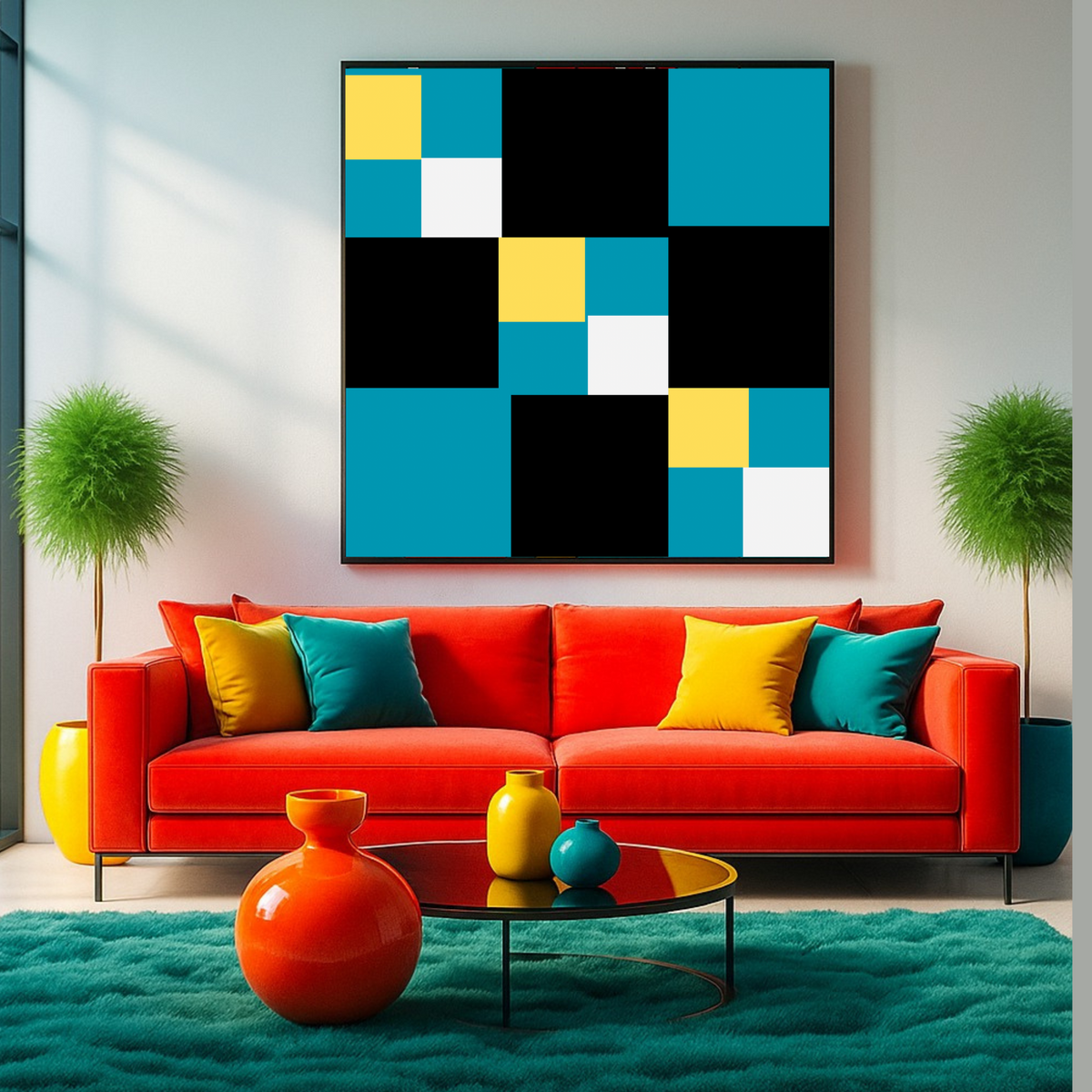 Yellow Green & Black Abstract Shapes – Square Digital Wall Art (20x20, 24x24, 36x36) – Set of 2 Digital Prints