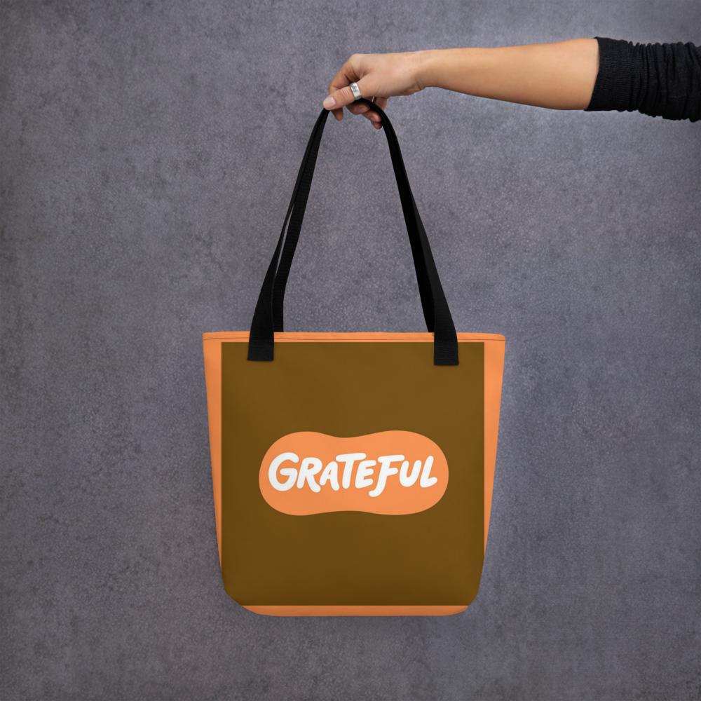 Brown & Orange “GRATEFUL” Tote Bag – 15”x15” Thanksgiving & Everyday Carryall