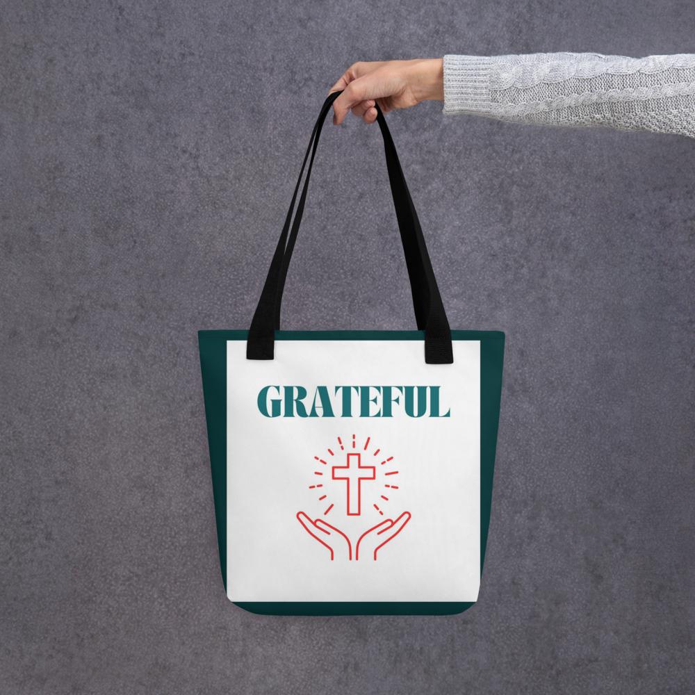 Green & White “Grateful” Tote Bag with Cross – 15”x15” Thanksgiving & Everyday Carryall