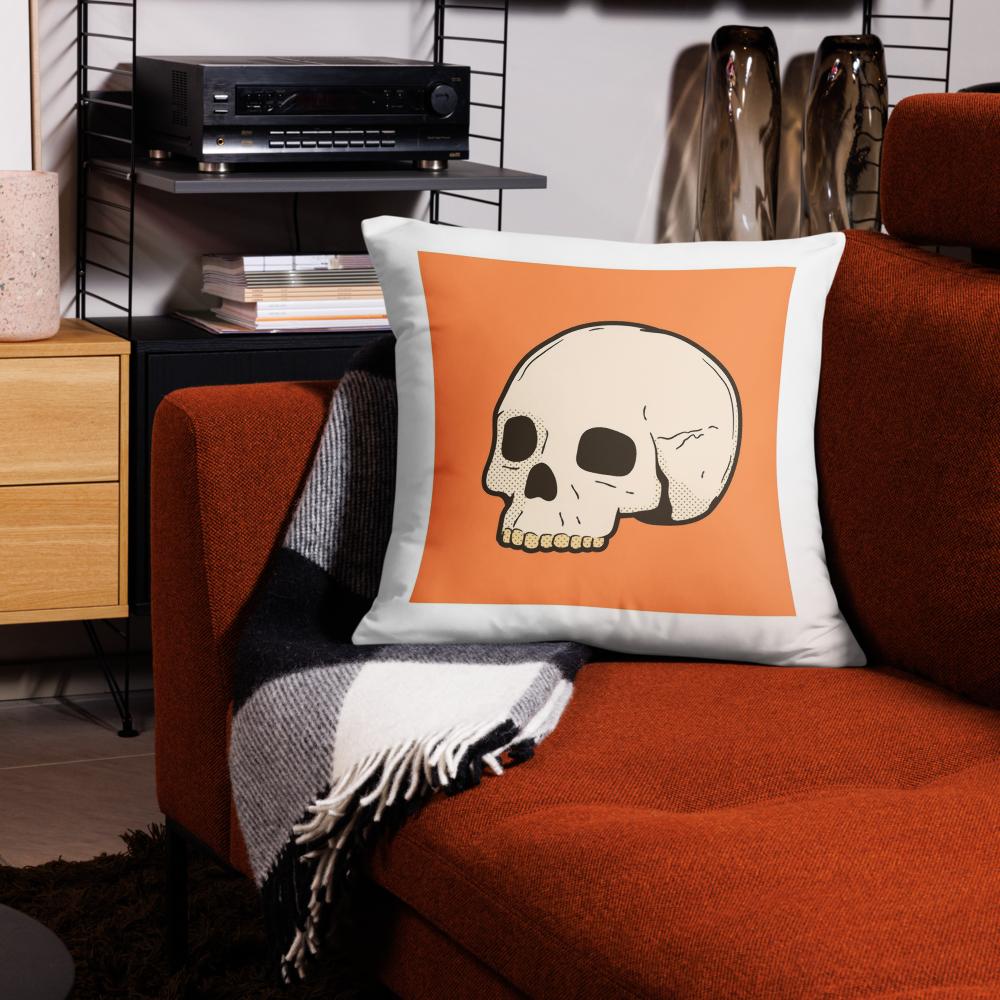 Halloween Skull Throw Pillow – Orange & White Skeleton Head Cushion (18x18)