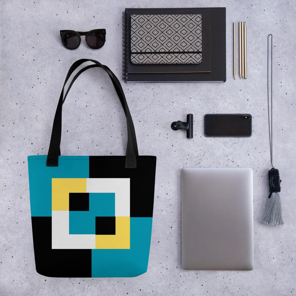 Black, Blue, White & Yellow Abstract Shapes Tote Bag – 15”x15” Modern Art Carryall