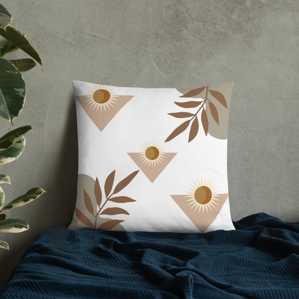 White Throw Pillow with Brown Boho Designs – Decorative Cushion 22x22”
