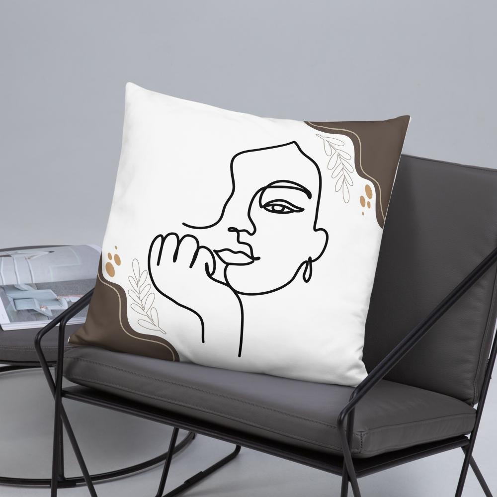 White Throw Pillow with Brown Boho Designs & Minimalist Woman Face Line Art – 22x22”