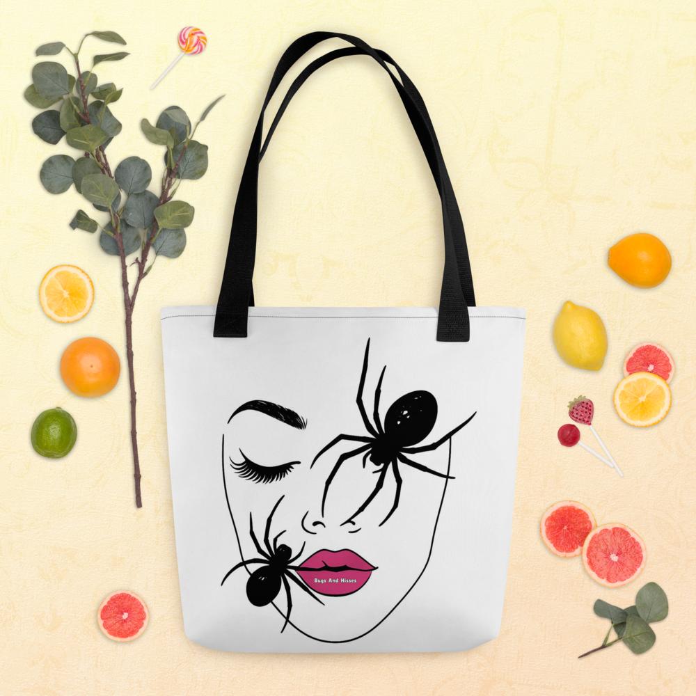 White “Haunted Beauty” Halloween Tote Bag – 15”x15” Artistic Woman’s Face with Black Moths