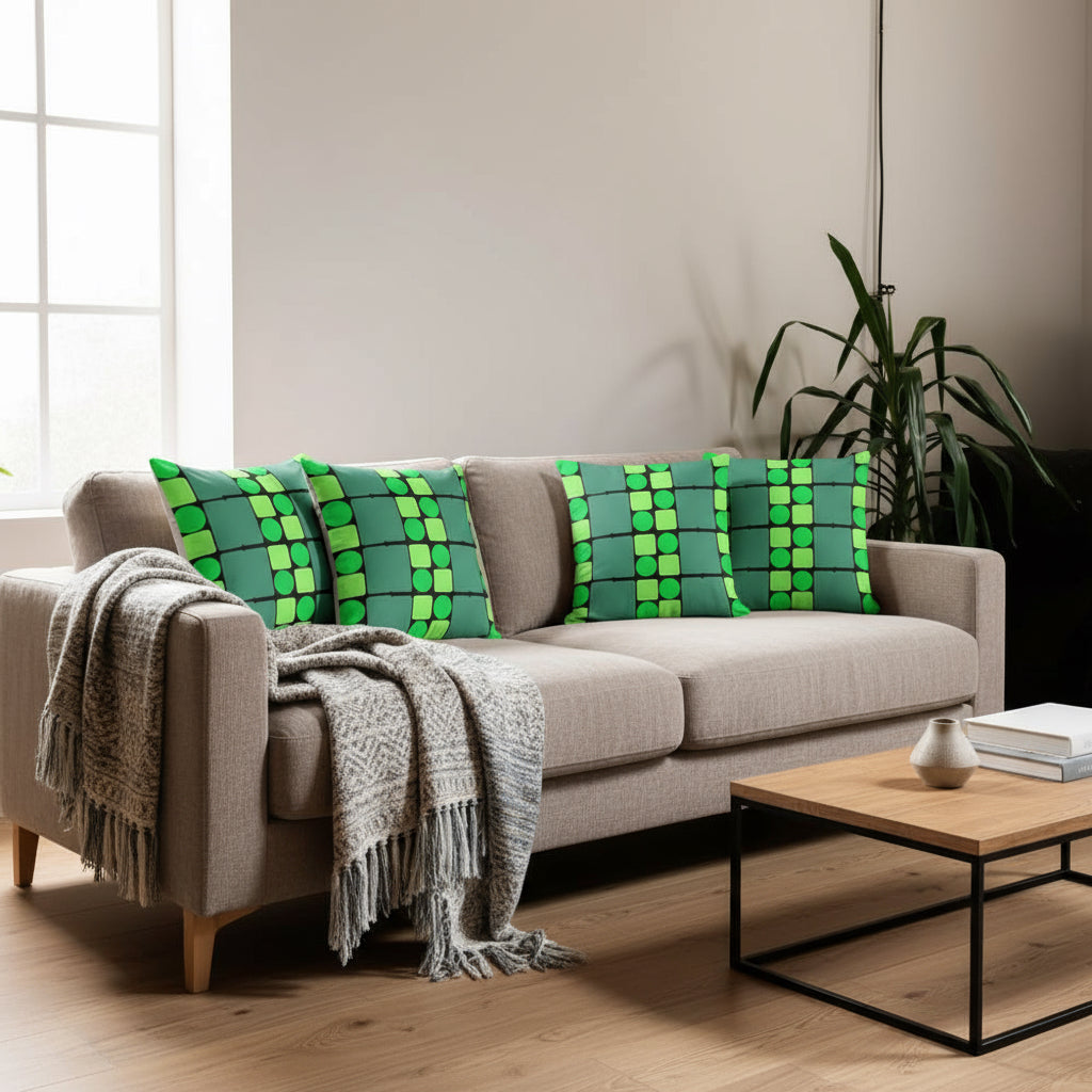 Green Geometric Throw Pillow – 18x18” Square, Circle & Triangle Pattern for Modern Home Décor